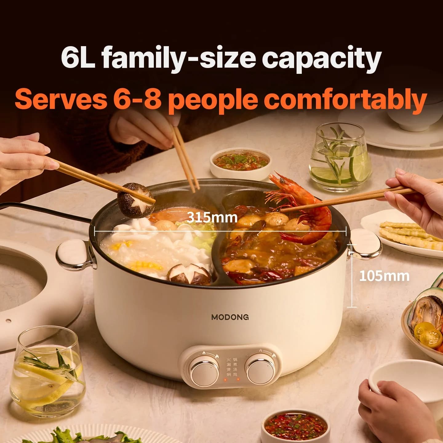 6L kaksialueinen sähkökäyttöinen hot pot -pata itsenäisellä lämpötilansäädöllä