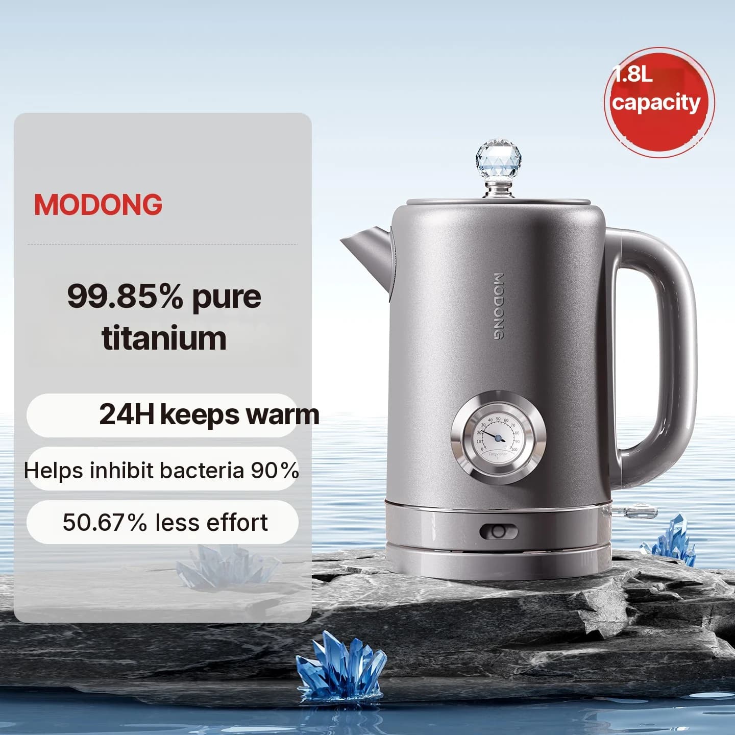Puhtaan titaaninen sähkövedenkeitin lämpötilanäytöllä, 1,8 l