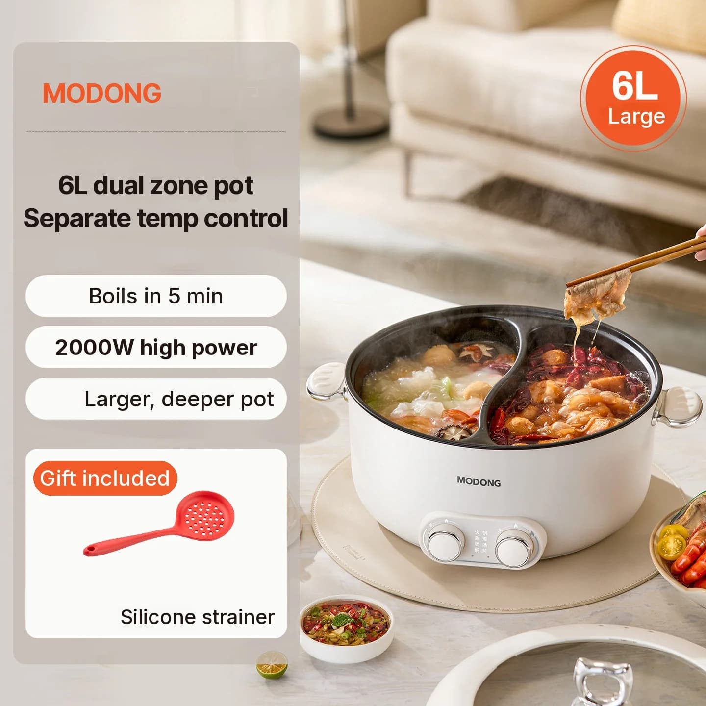6L kaksialueinen sähkökäyttöinen hot pot -pata itsenäisellä lämpötilansäädöllä