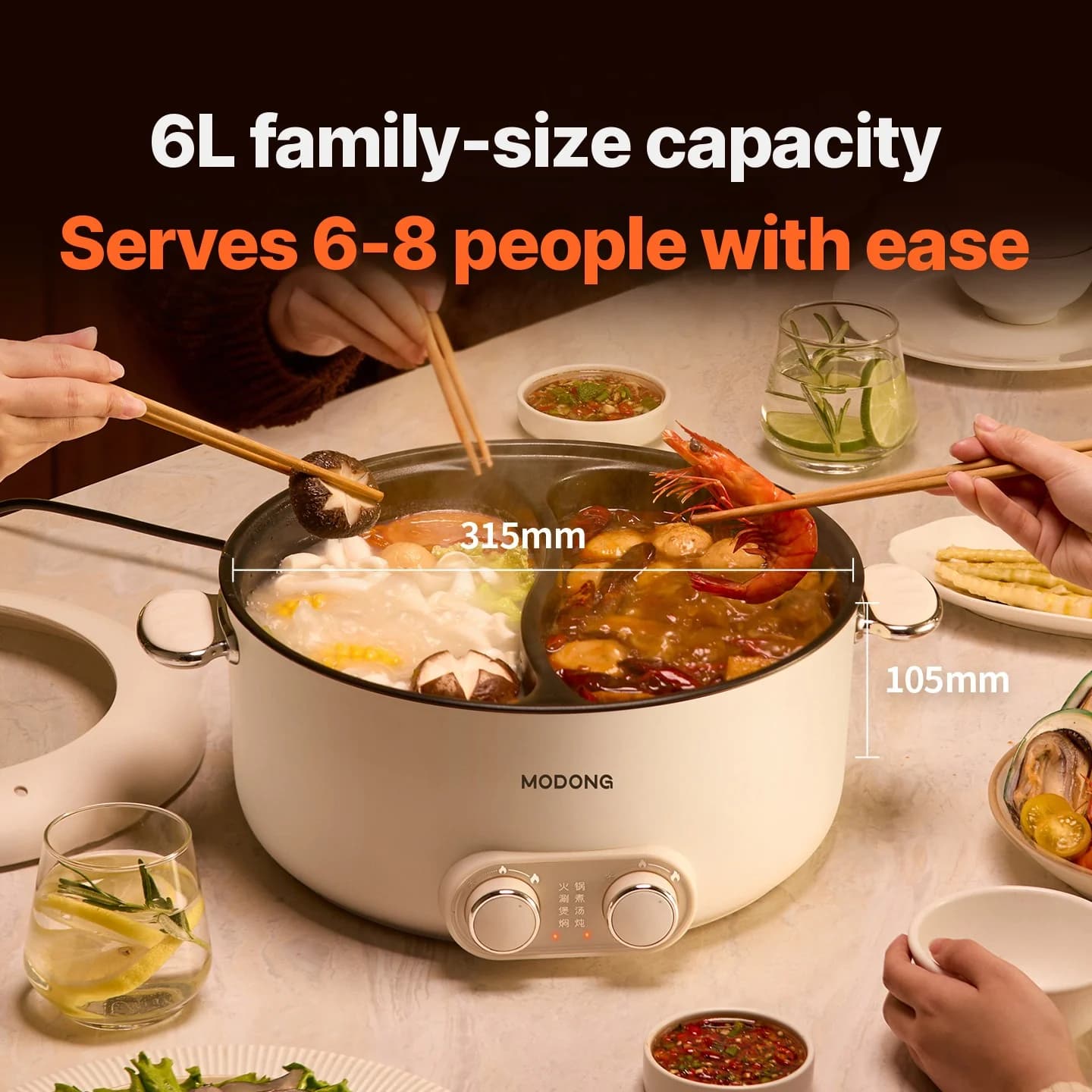 6L kaksivyöhykkeinen sähköinen hot pot itsenäisellä lämpötilansäädöllä
