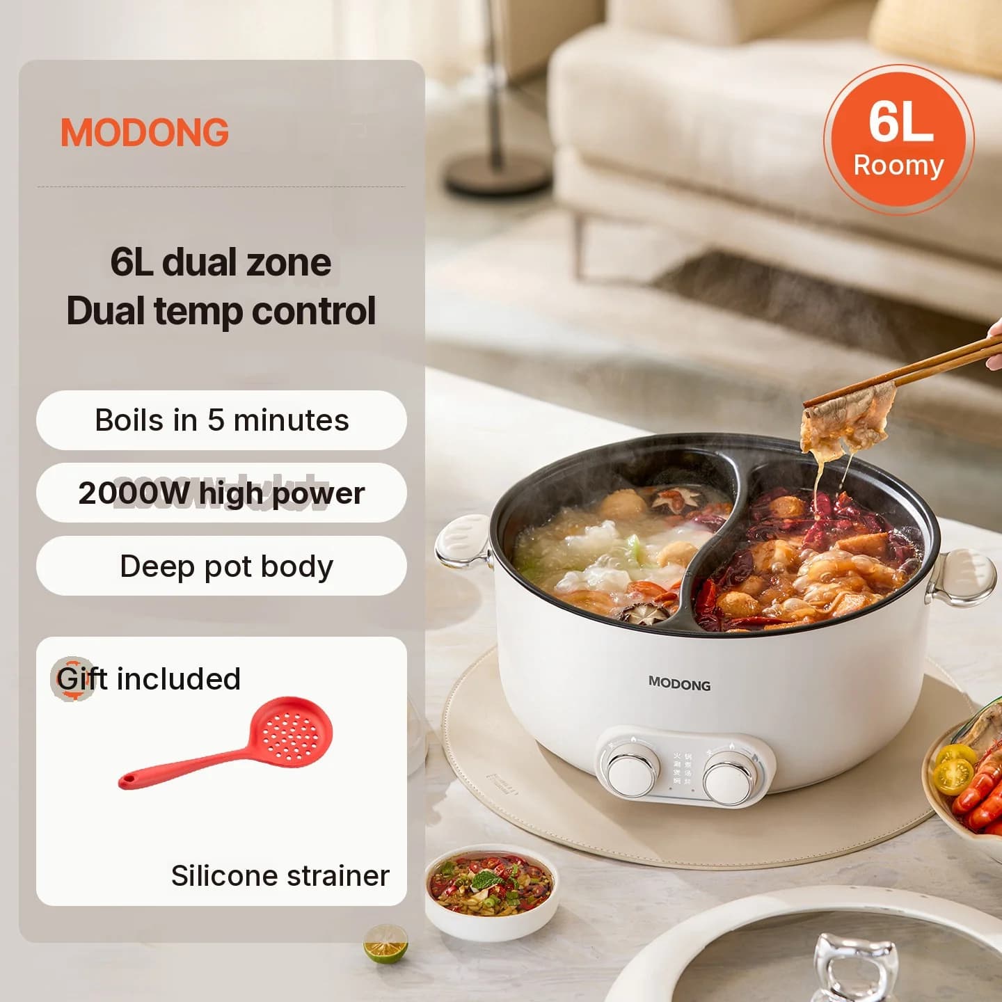 6L kaksivyöhykkeinen sähköinen hot pot itsenäisellä lämpötilansäädöllä