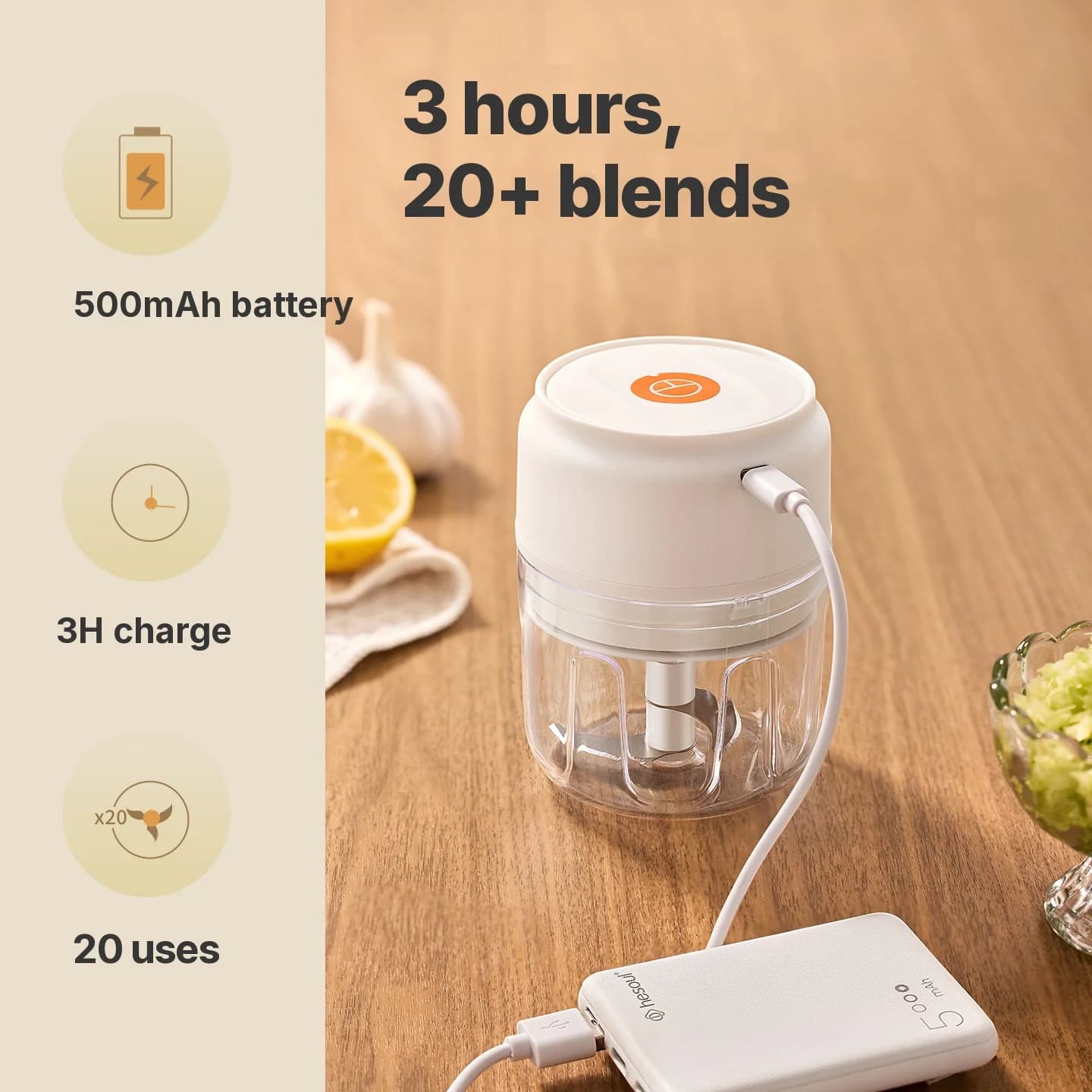 Langaton sähköinen valkosipulihakku 250mL 5V 30W muovi