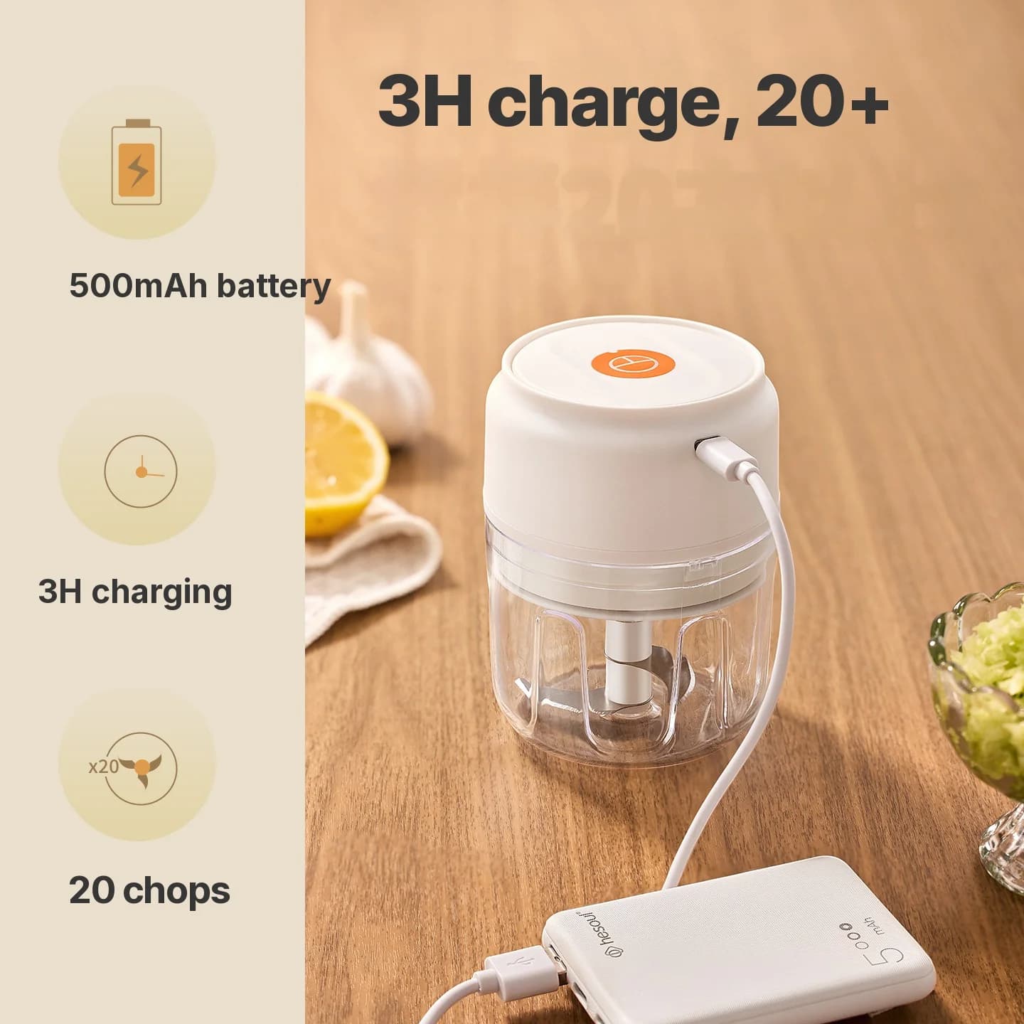 Langaton sähköinen valkosipulisilppuri kuppi 250mL 5V 30W muovi